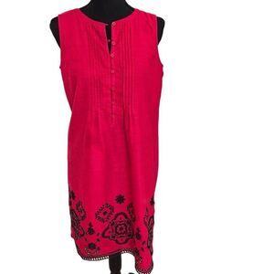 Talbots Womens Embroidered Sleeveless Pintuck Linen Blend Shift Dress Red Size 4
